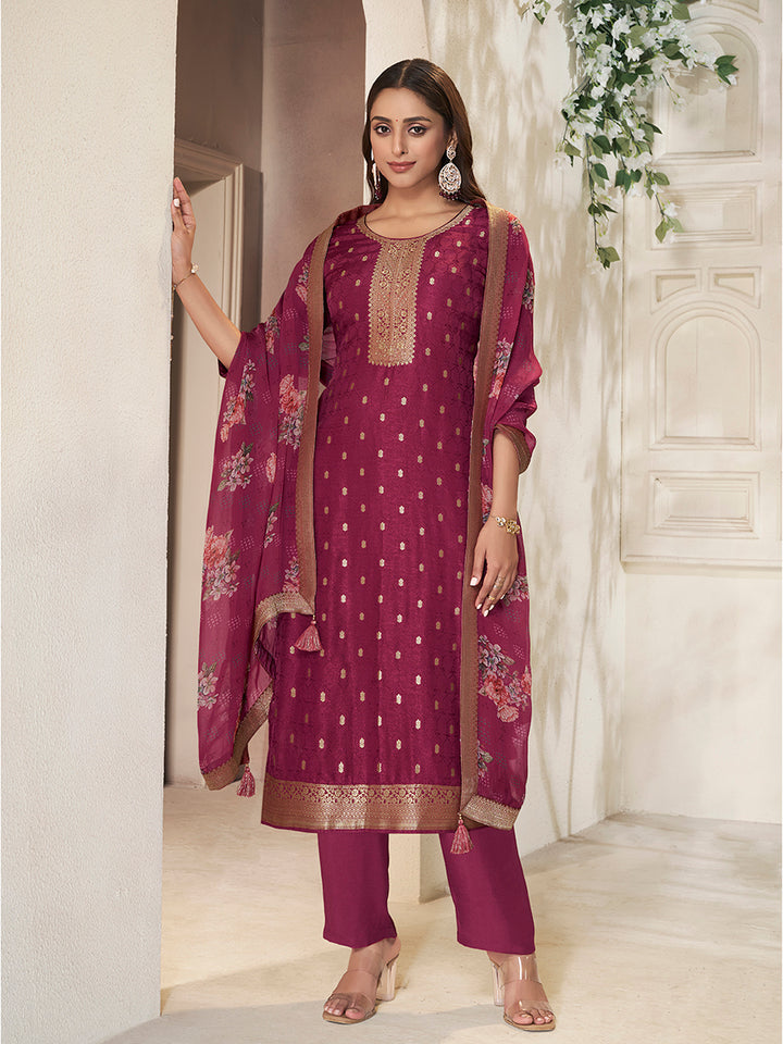 Red Dola Silk Kurta with Jacquard Weave Sequins Work Kurta Suit Set