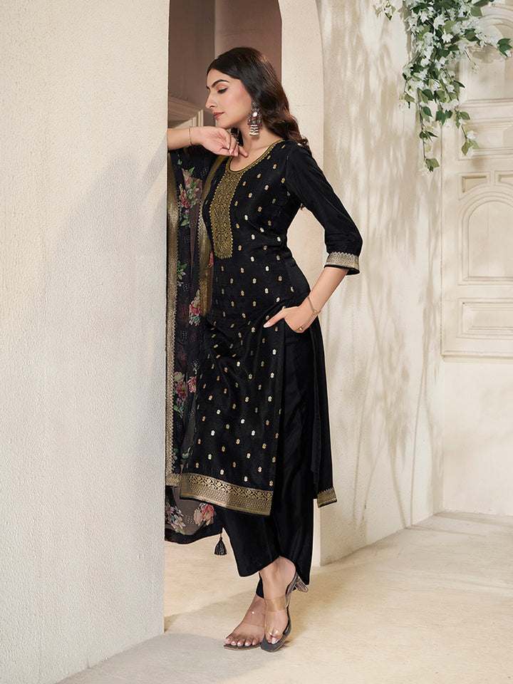 Black Dola Silk Kurta with Jacquard Weave Sequins Work Kurta Suit Set