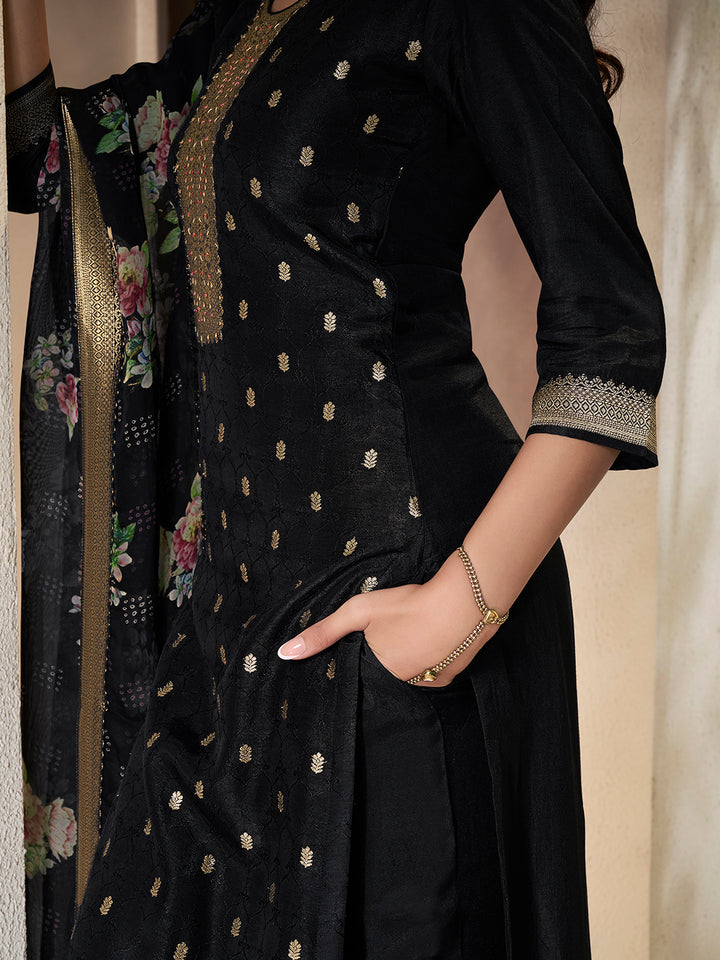 Black Dola Silk Kurta with Jacquard Weave Sequins Work Kurta Suit Set