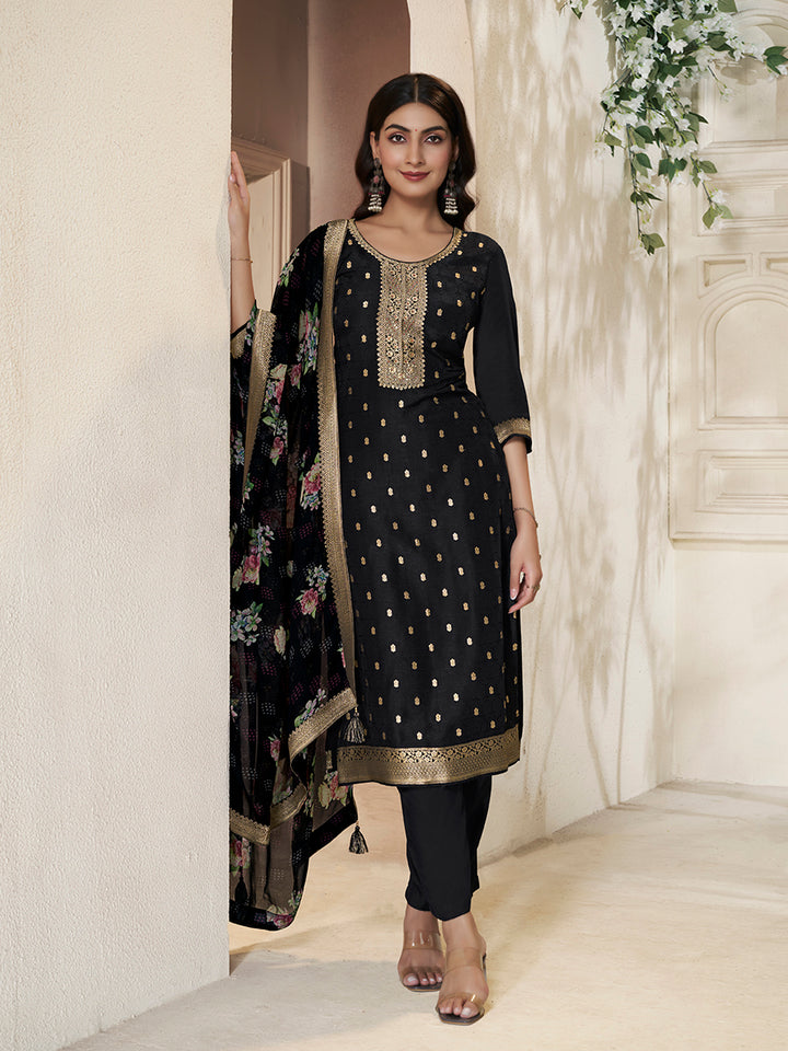 Black Dola Silk Kurta with Jacquard Weave Sequins Work Kurta Suit Set