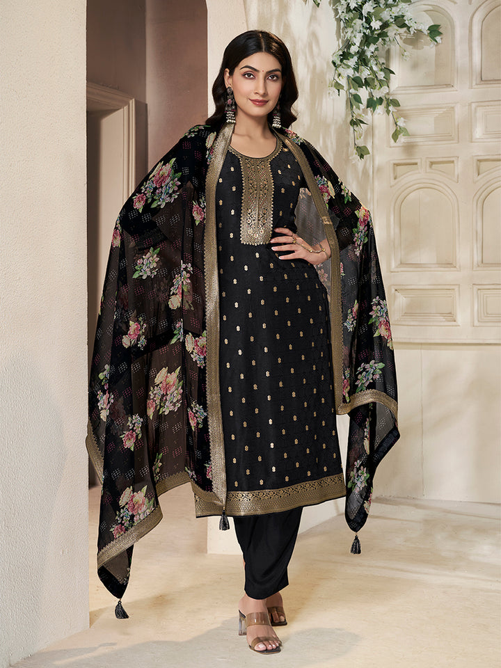 Black Dola Silk Kurta with Jacquard Weave Sequins Work Kurta Suit Set