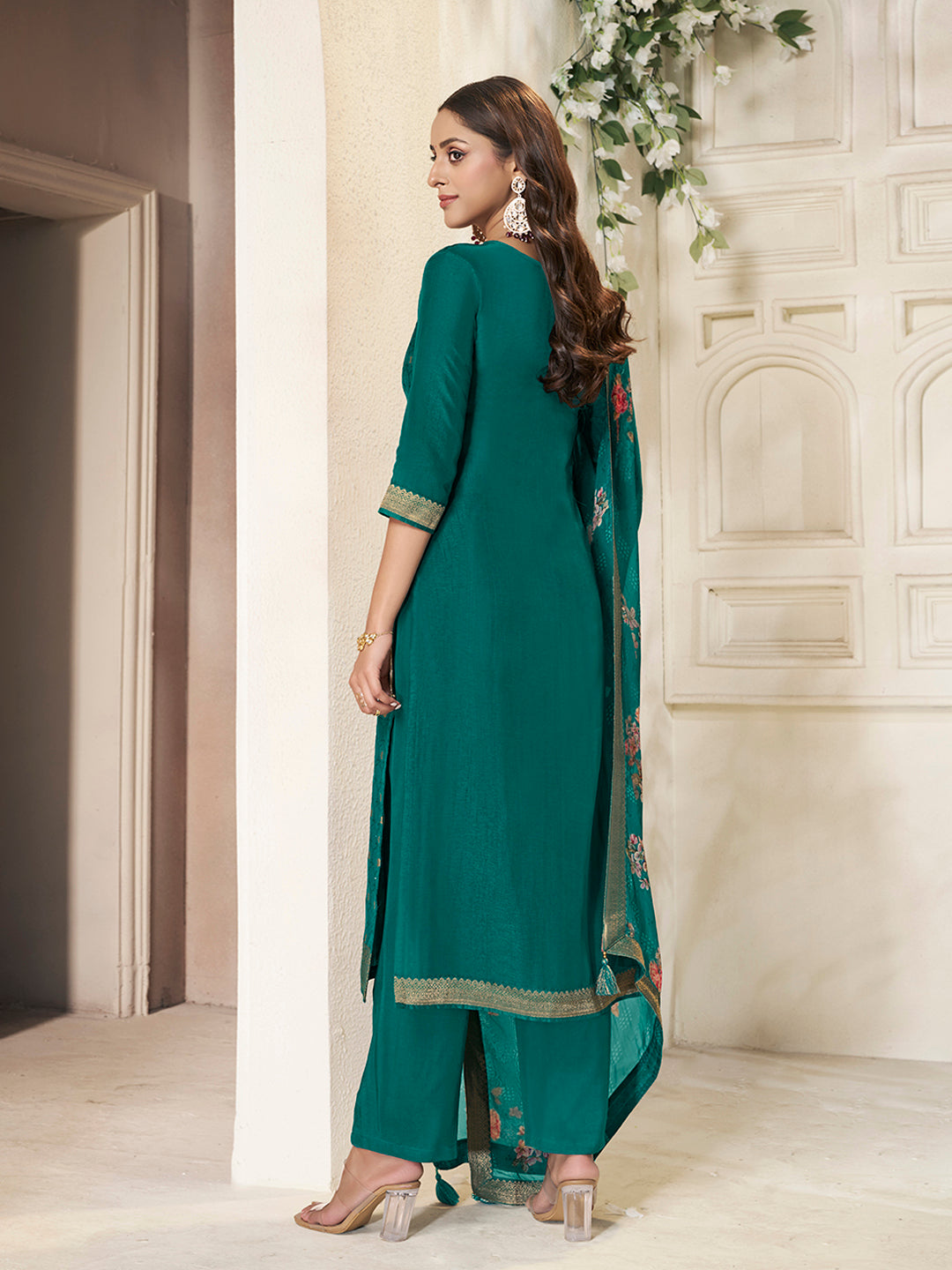 Teal Dola Silk Kurta with Jacquard Weave Sequins Work Kurta Suit Set