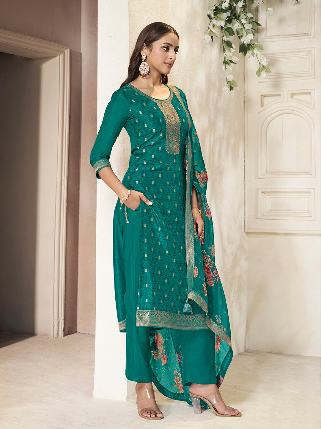 Teal Dola Silk Kurta with Jacquard Weave Sequins Work Kurta Suit Set