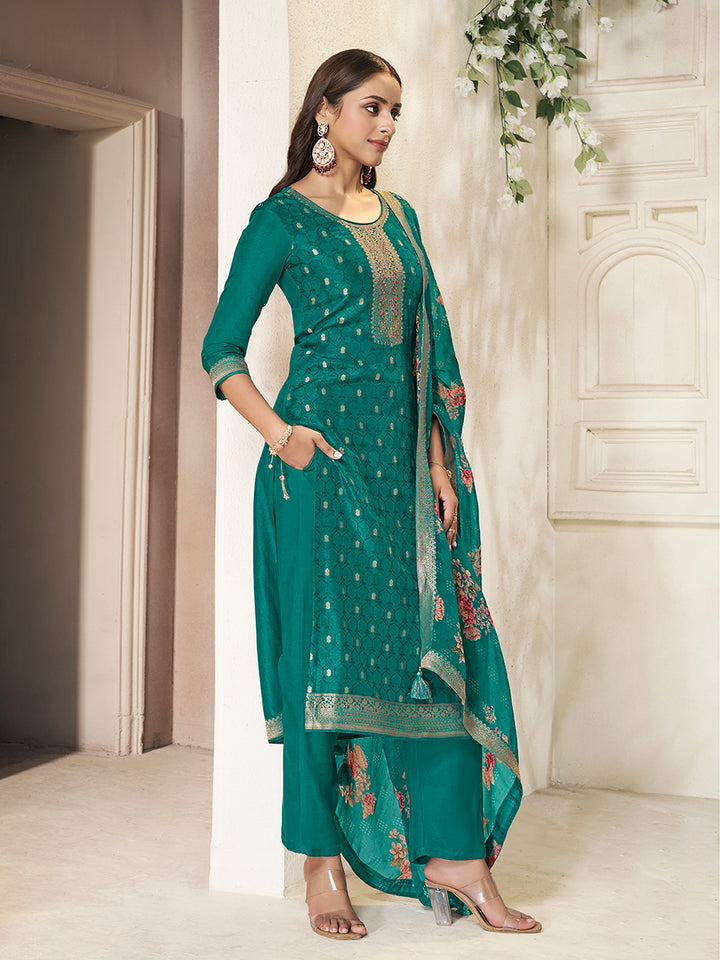 Teal Dola Silk Kurta with Jacquard Weave Sequins Work Kurta Suit Set