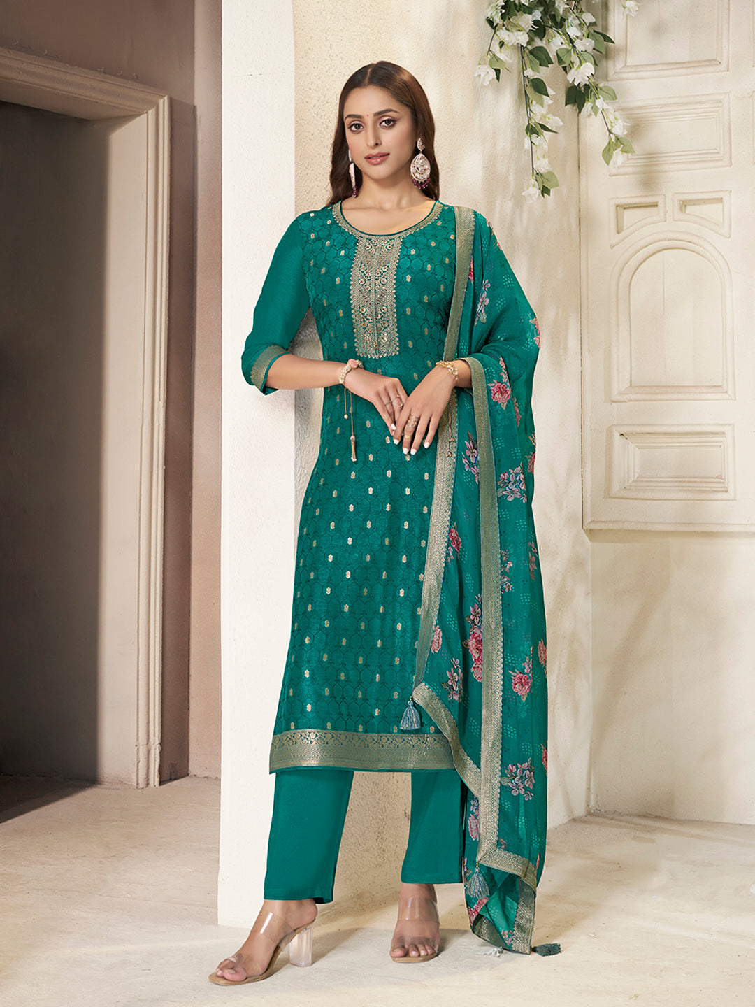 Teal Dola Silk Kurta with Jacquard Weave Sequins Work Kurta Suit Set