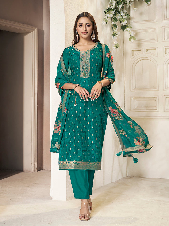 Teal Dola Silk Kurta with Jacquard Weave Sequins Work Kurta Suit Set