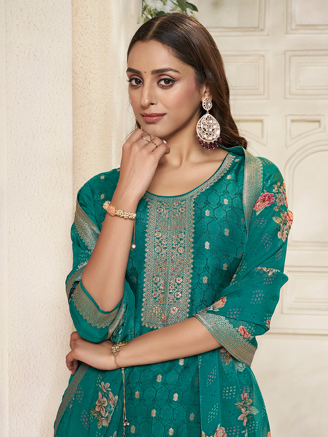 Teal Dola Silk Kurta with Jacquard Weave Sequins Work Kurta Suit Set