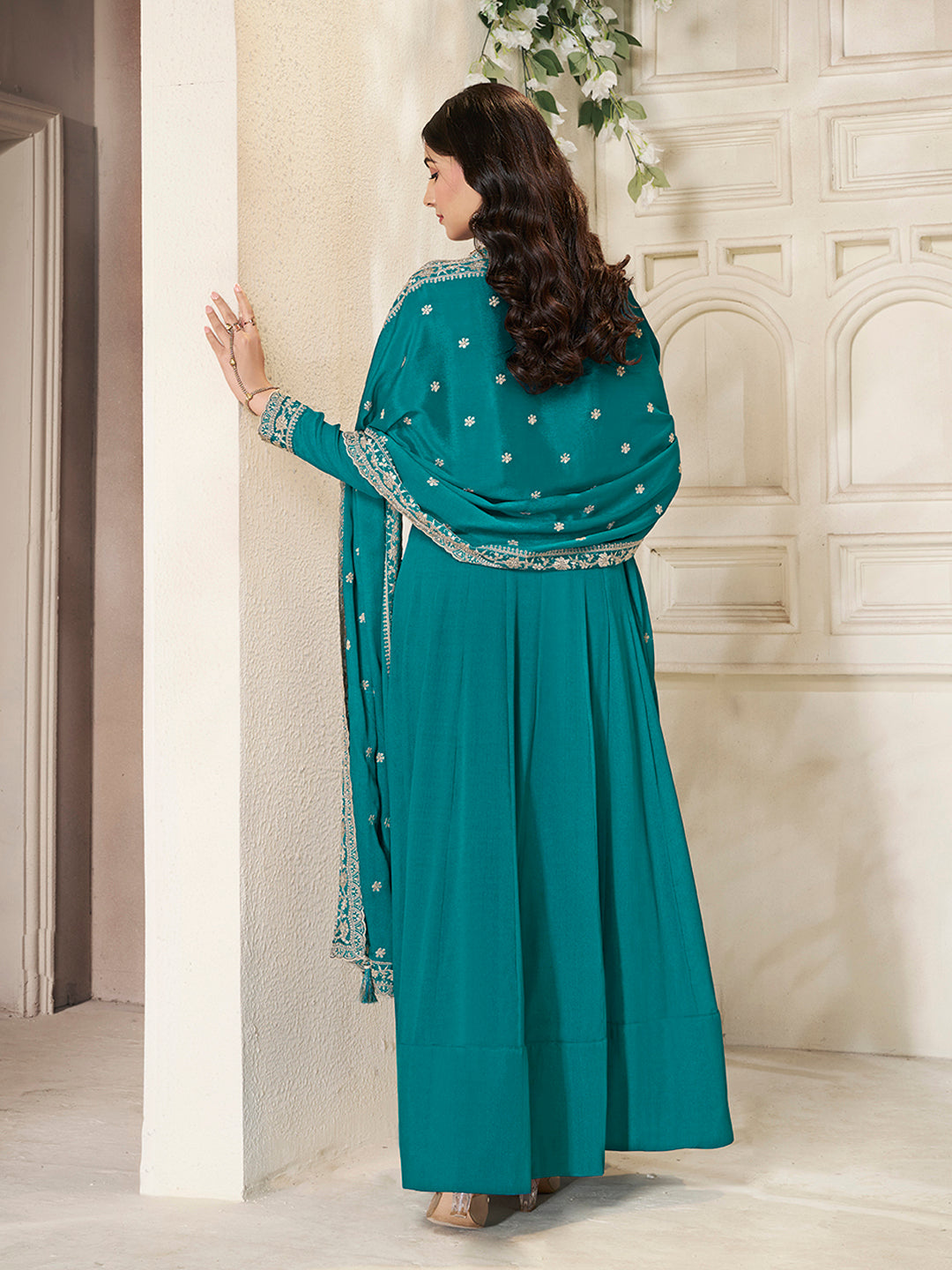 Teal Chinon Top with White Embroidery & Sequins Anarkali Suit Set