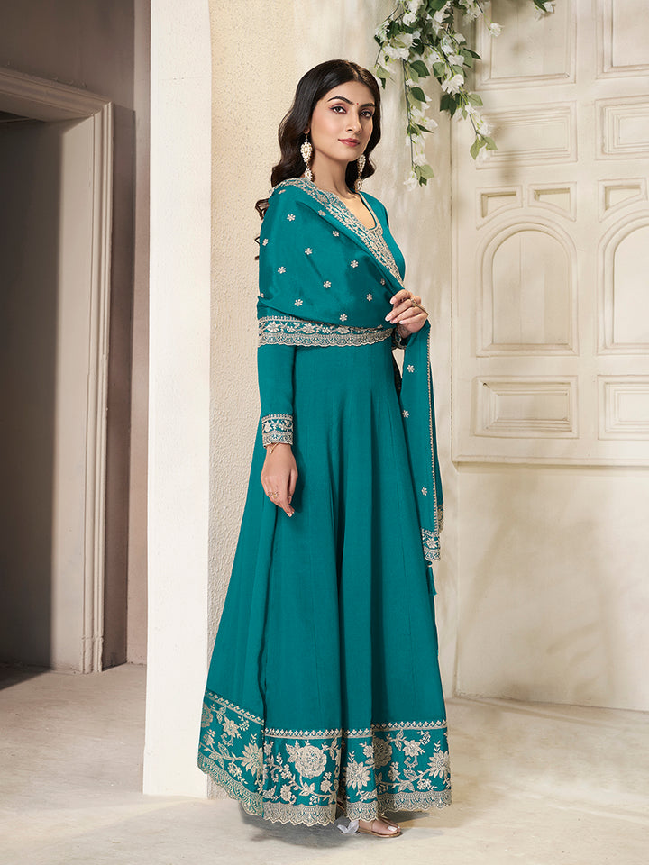 Teal Chinon Top with White Embroidery & Sequins Anarkali Suit Set