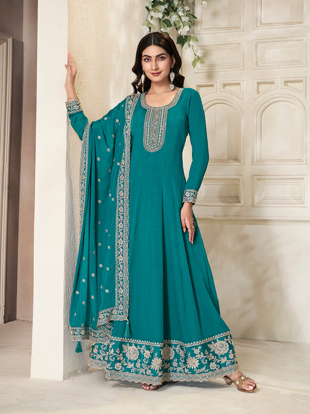 Teal Chinon Top with White Embroidery & Sequins Anarkali Suit Set