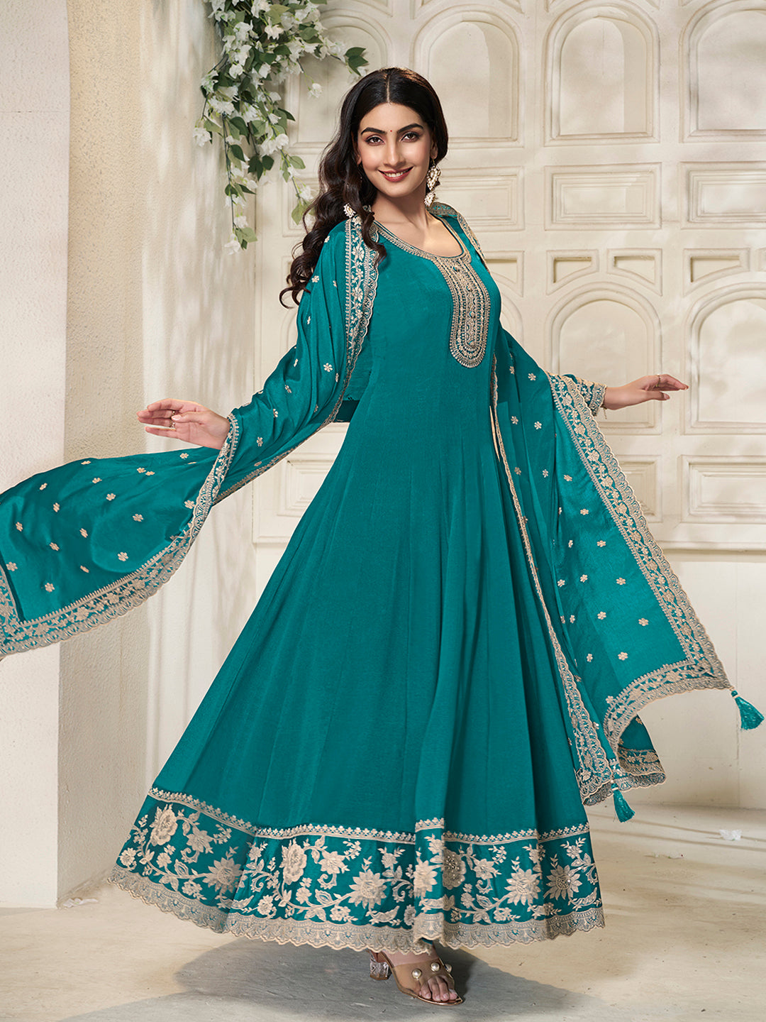 Teal Chinon Top with White Embroidery & Sequins Anarkali Suit Set