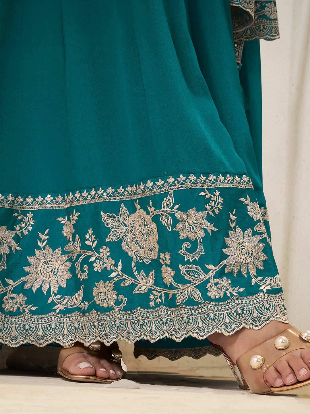 Teal Chinon Top with White Embroidery & Sequins Anarkali Suit Set