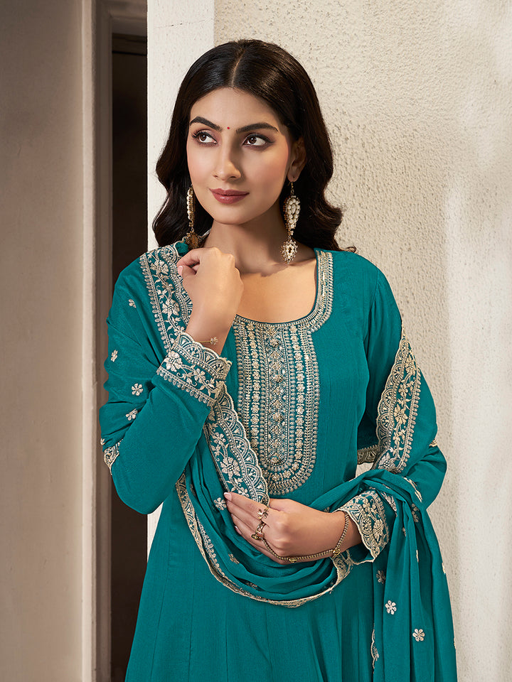 Teal Chinon Top with White Embroidery & Sequins Anarkali Suit Set