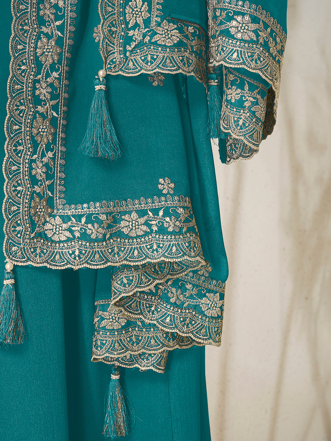 Teal Chinon Top with White Embroidery & Sequins Anarkali Suit Set