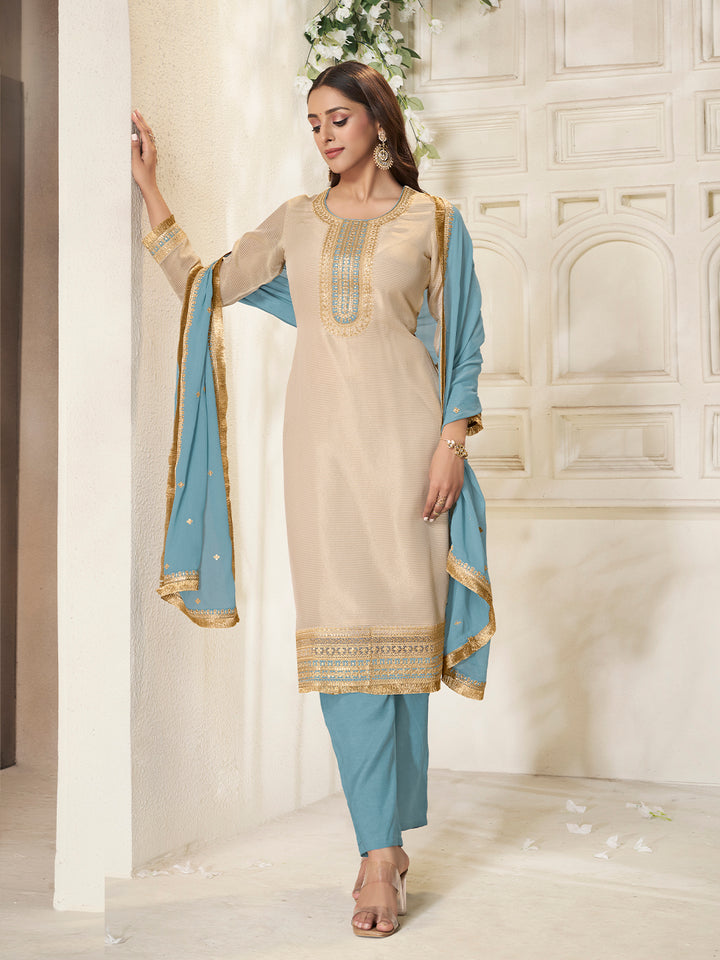 Off-white Tissue Sequins Embroidery Kurta Suit Set