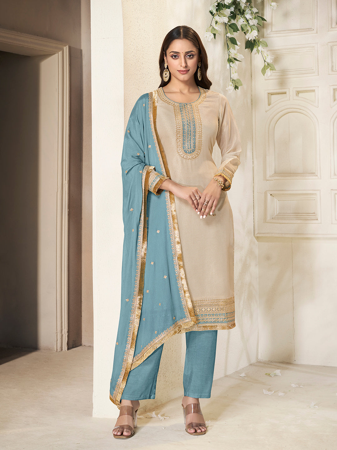 Off-white Tissue Sequins Embroidery Kurta Suit Set