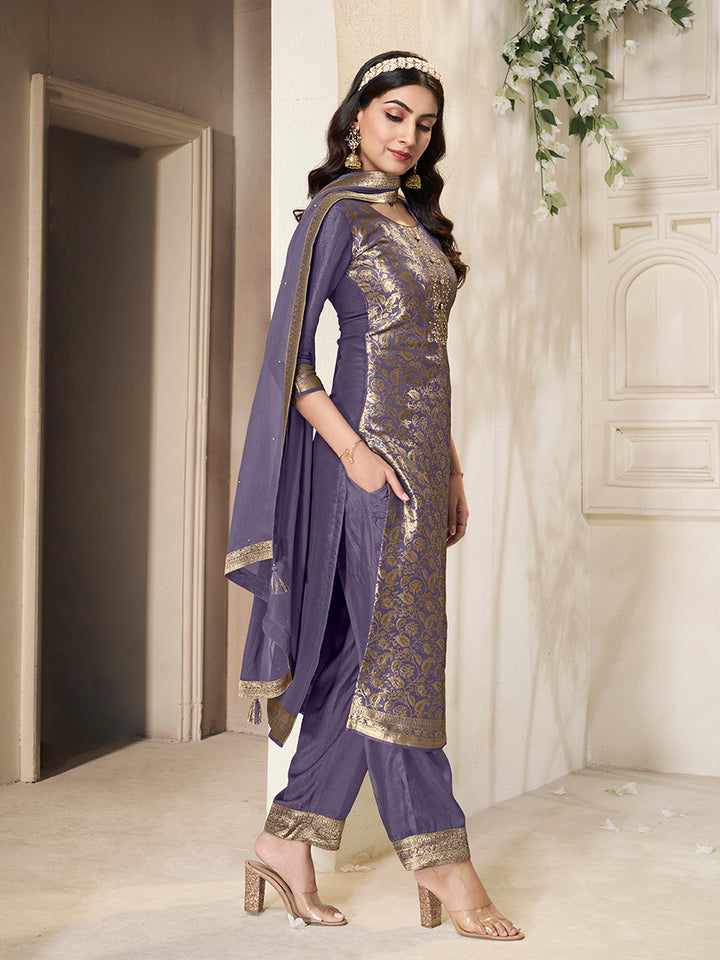 Violet Tissue Jacquard weave Kruta Suit Set