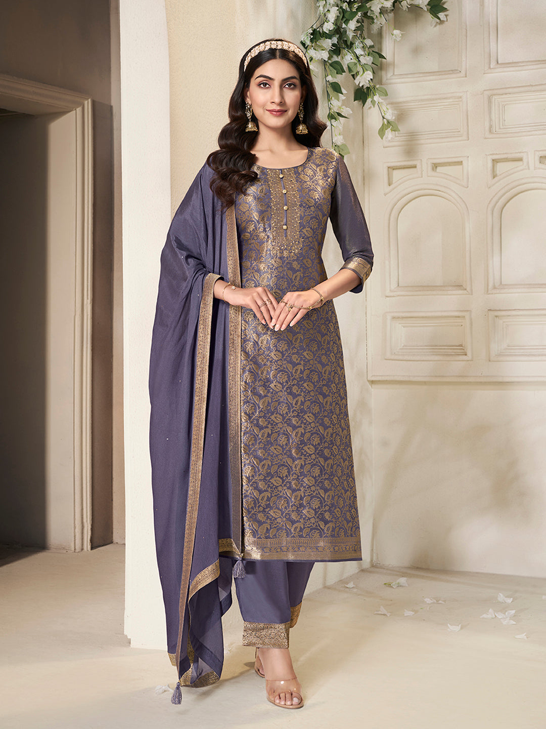 Violet Tissue Jacquard weave Kruta Suit Set