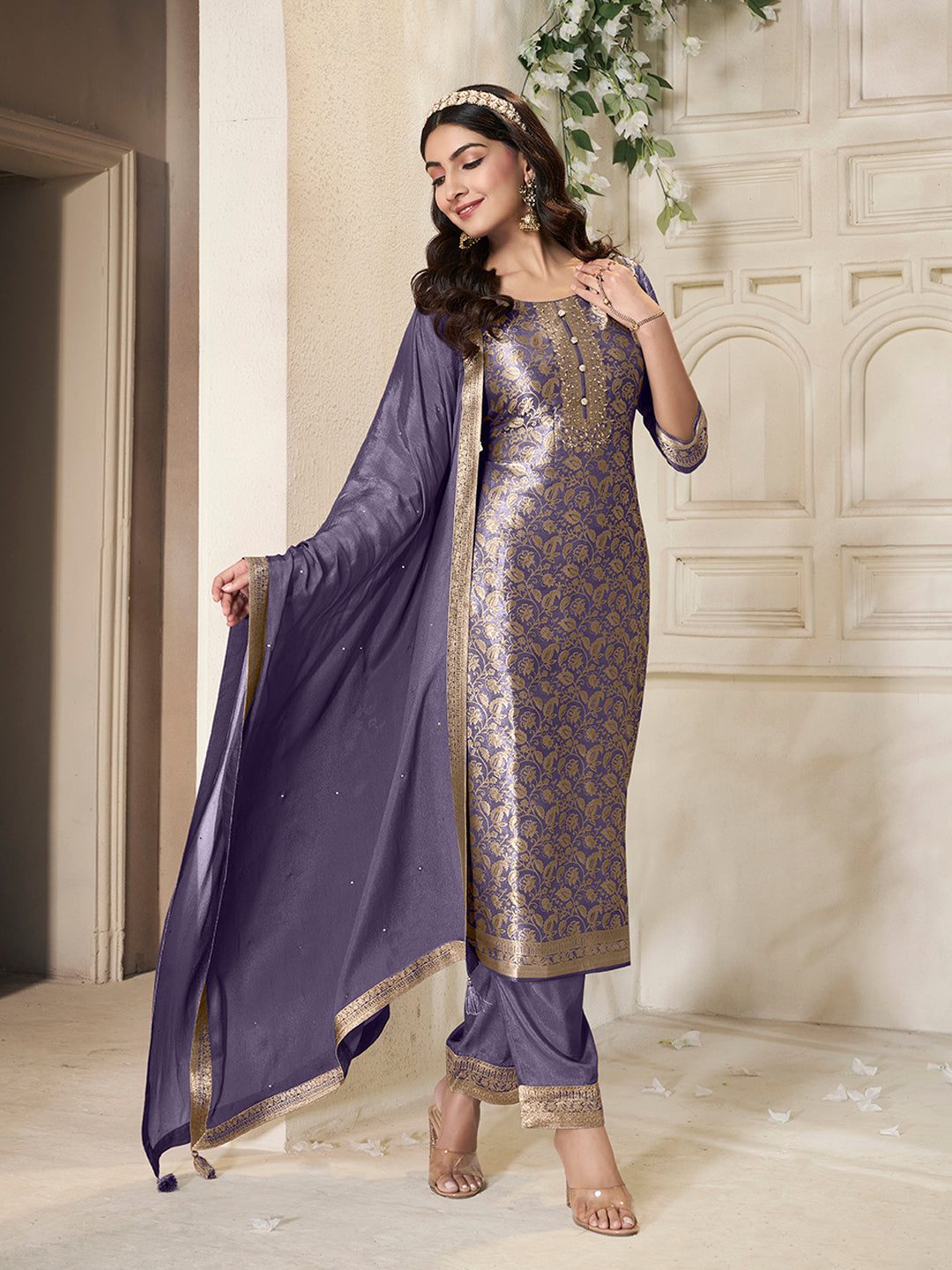 Violet Tissue Jacquard weave Kruta Suit Set