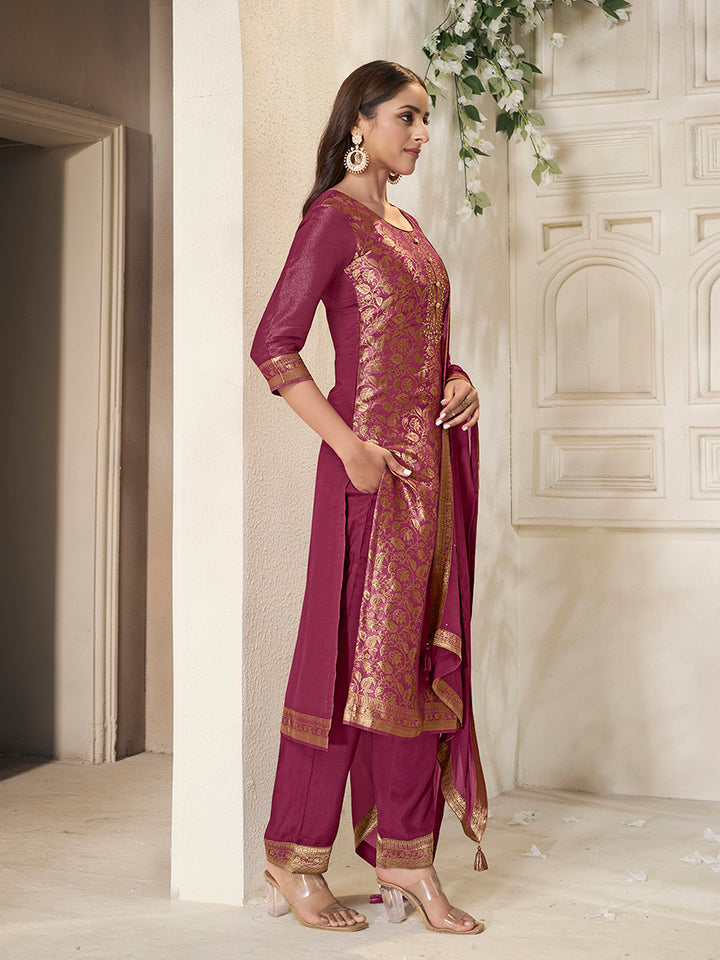 Maroon Tissue Jacquard weave Kruta Suit Set