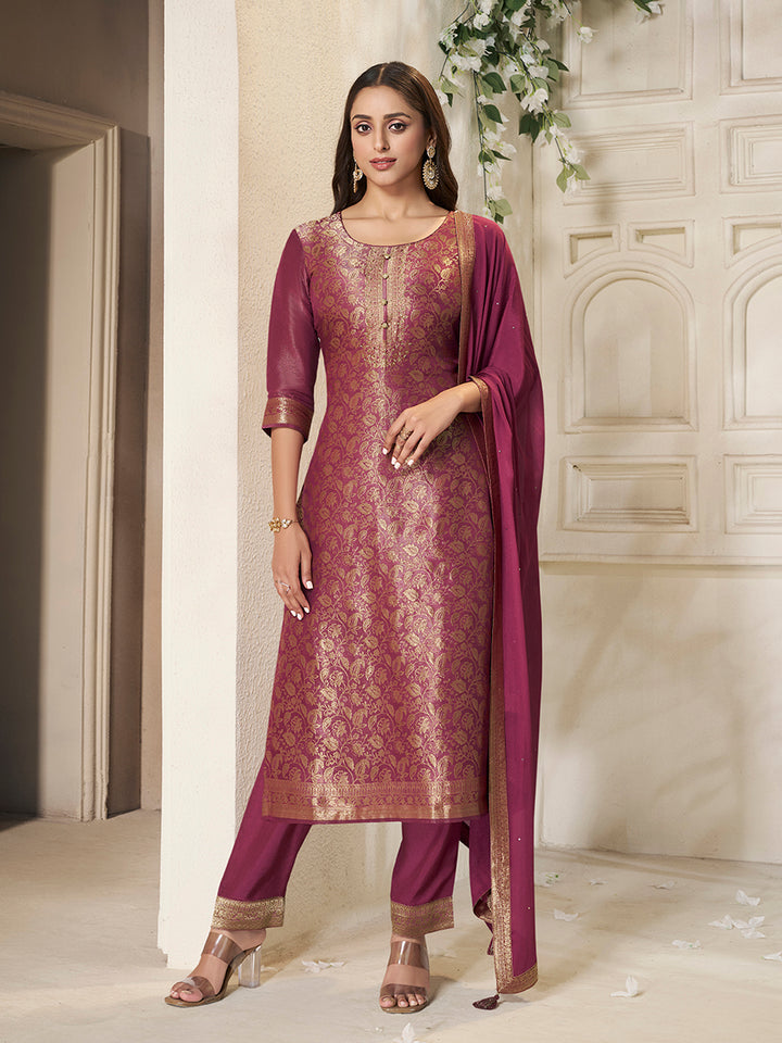 Maroon Tissue Jacquard weave Kruta Suit Set