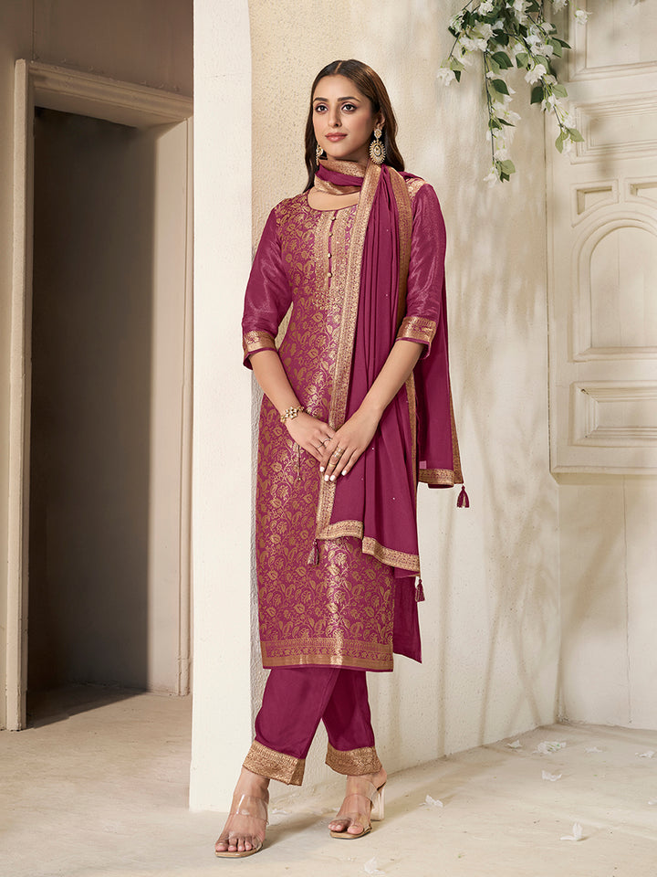 Maroon Tissue Jacquard weave Kruta Suit Set