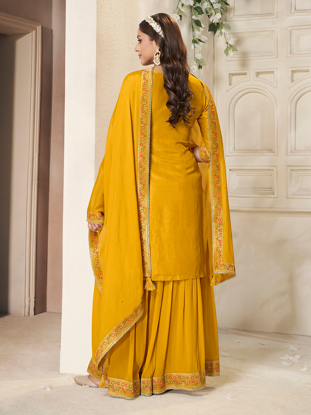 Yellow Dola Silk Sharara Suit Set with Floral Meena Jacquard Work