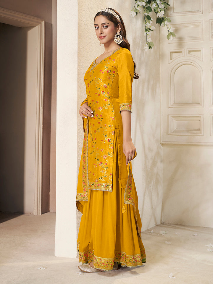 Yellow Dola Silk Sharara Suit Set with Floral Meena Jacquard Work