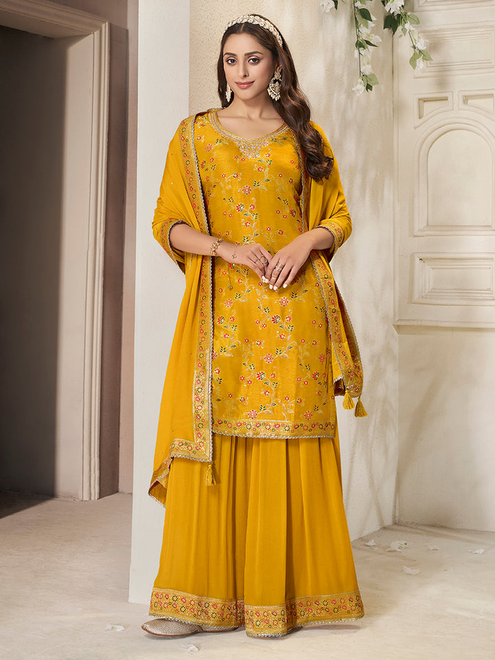 Yellow Dola Silk Sharara Suit Set with Floral Meena Jacquard Work