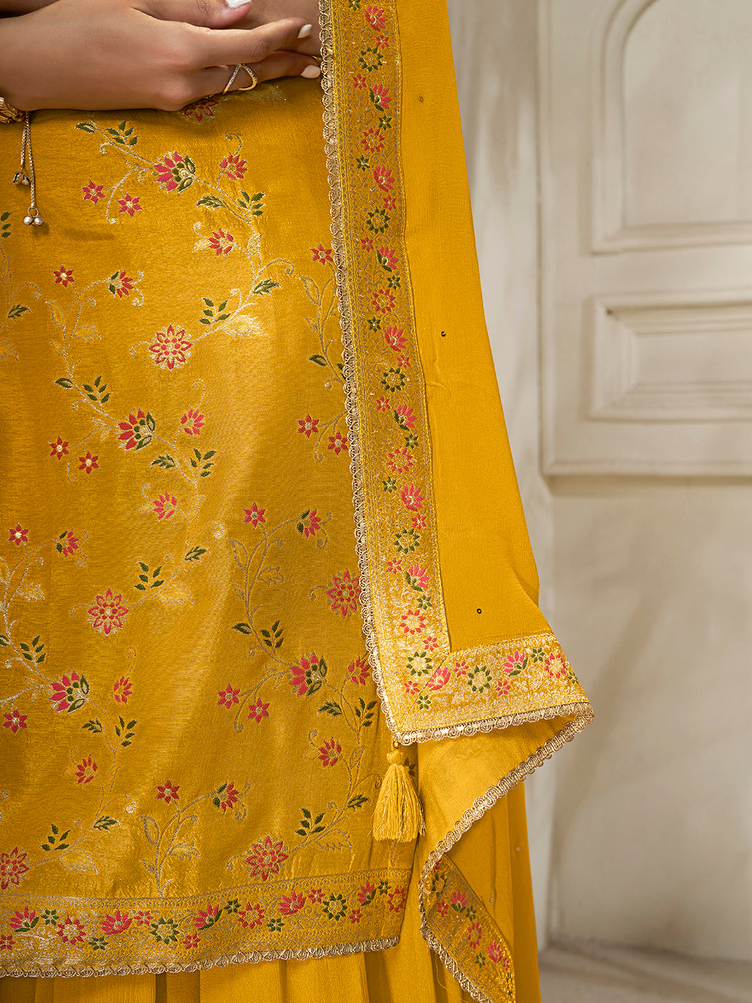 Yellow Dola Silk Sharara Suit Set with Floral Meena Jacquard Work