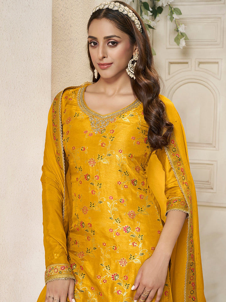 Yellow Dola Silk Sharara Suit Set with Floral Meena Jacquard Work