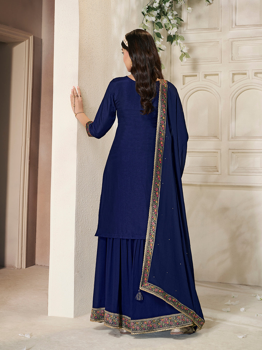 Dark Blue Dola Silk Sharara Suit Set with Floral Meena Jacquard Work