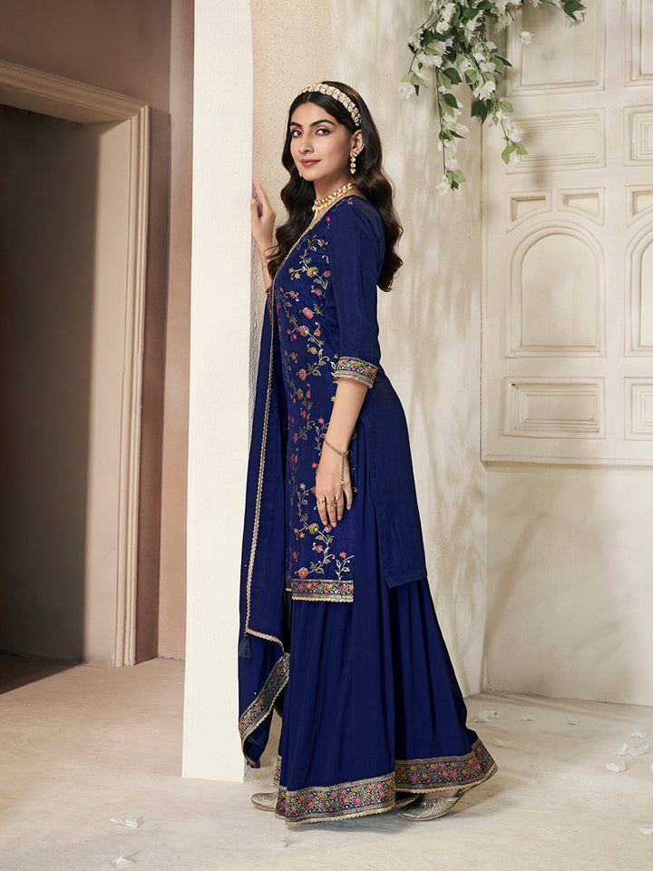 Dark Blue Dola Silk Sharara Suit Set with Floral Meena Jacquard Work