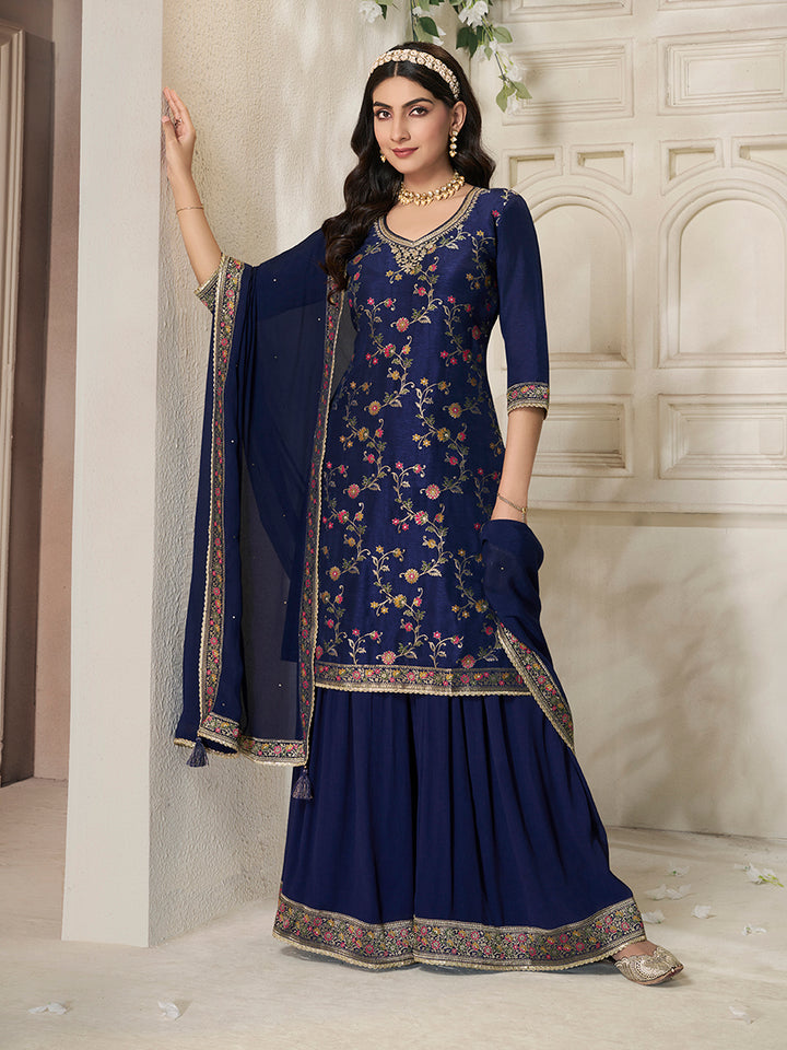 Dark Blue Dola Silk Sharara Suit Set with Floral Meena Jacquard Work