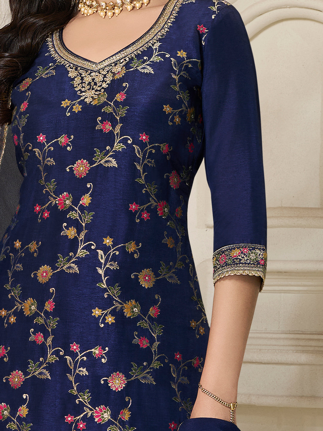 Dark Blue Dola Silk Sharara Suit Set with Floral Meena Jacquard Work