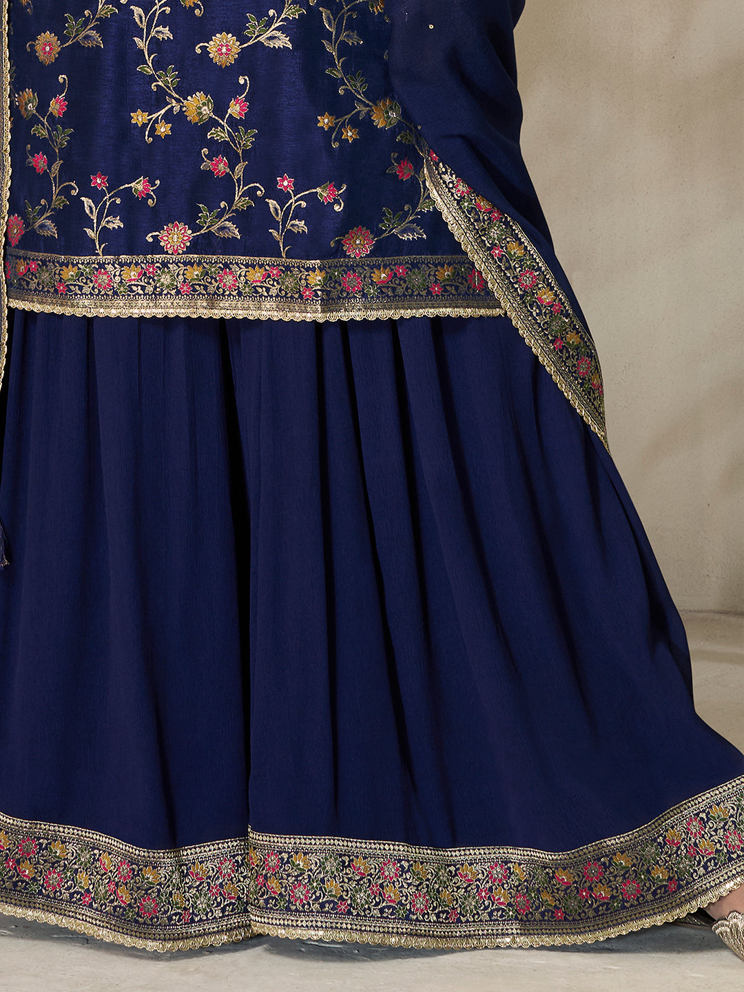 Dark Blue Dola Silk Sharara Suit Set with Floral Meena Jacquard Work