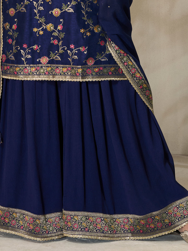 Dark Blue Dola Silk Sharara Suit Set with Floral Meena Jacquard Work