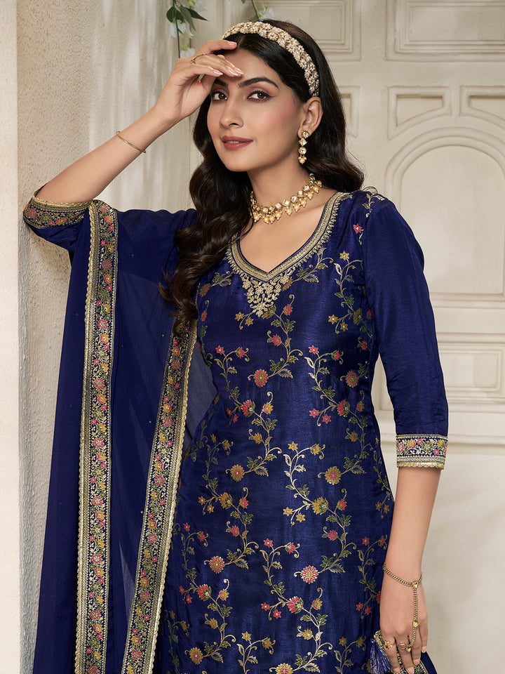 Dark Blue Dola Silk Sharara Suit Set with Floral Meena Jacquard Work