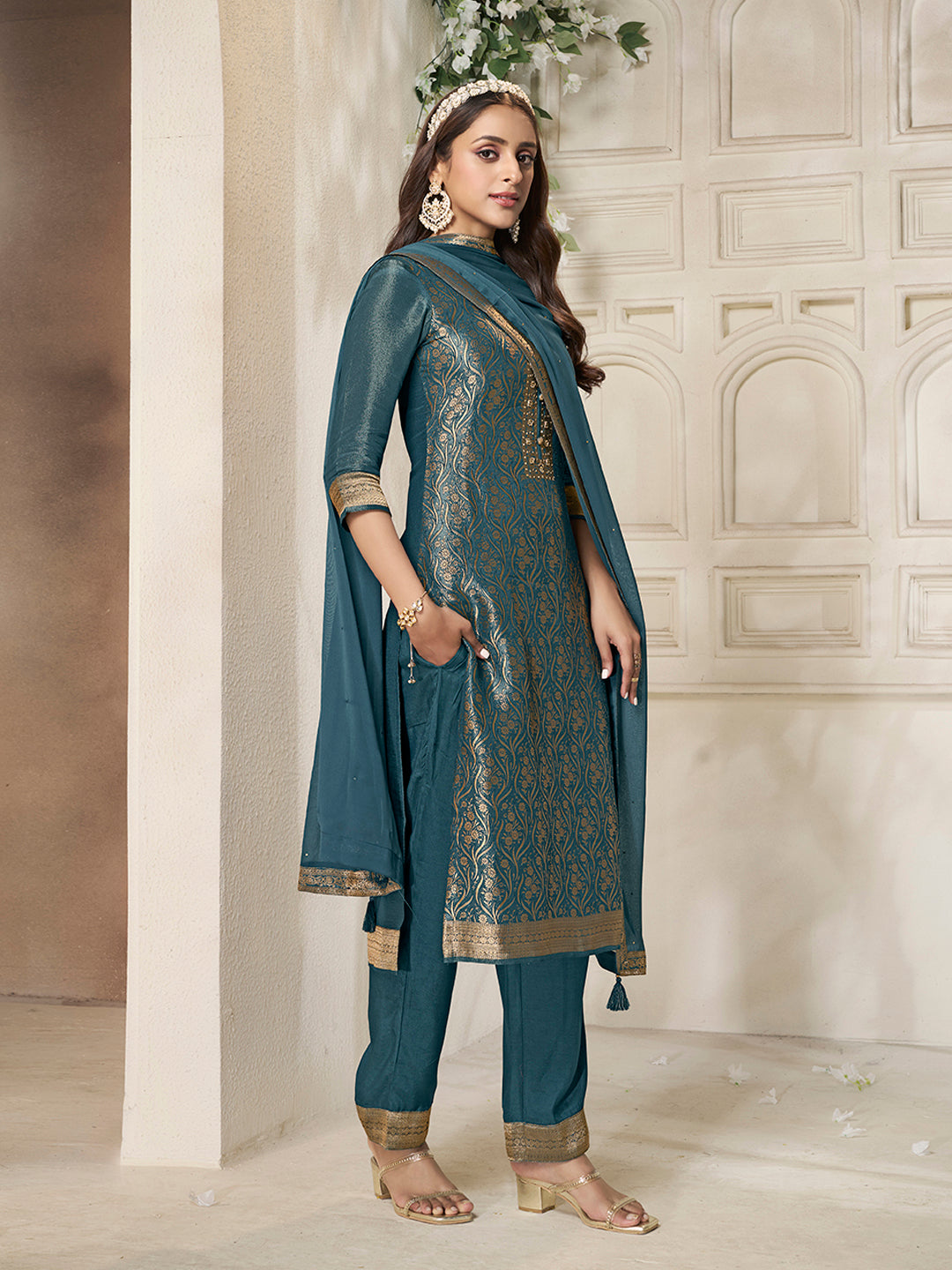 Teal Tissue Jacquard weave Kruta Suit Set