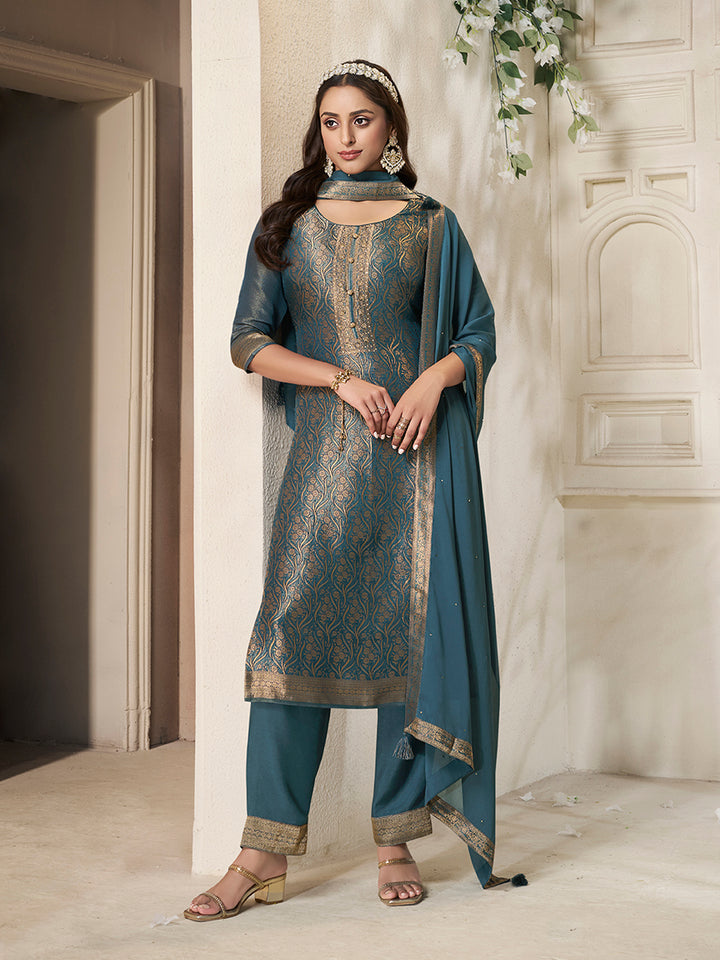 Teal Tissue Jacquard weave Kruta Suit Set