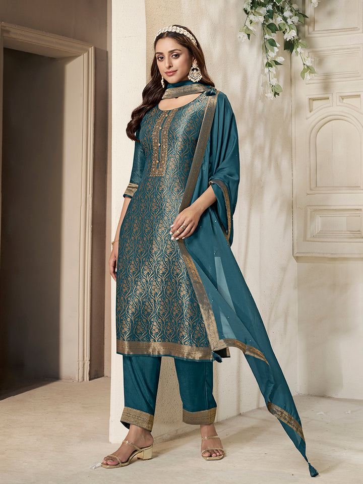 Teal Tissue Jacquard weave Kruta Suit Set