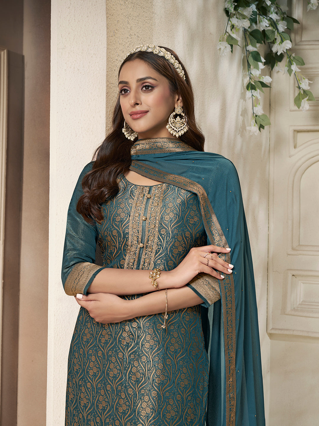 Teal Tissue Jacquard weave Kruta Suit Set