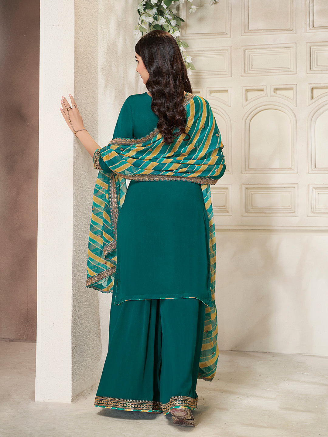 Green Chinon top, embellished sharara, and lehariya printed dupatta. Sharara Suit Set.