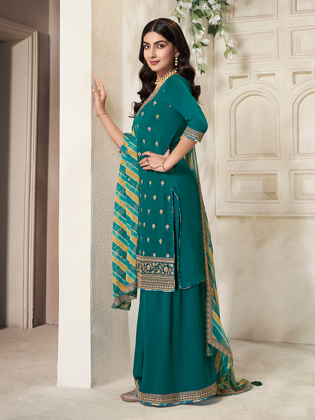 Green Chinon top, embellished sharara, and lehariya printed dupatta. Sharara Suit Set.