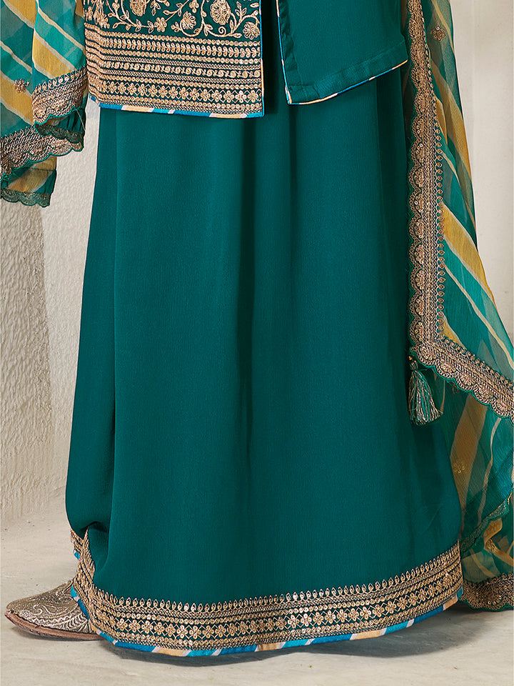 Green Chinon top, embellished sharara, and lehariya printed dupatta. Sharara Suit Set.