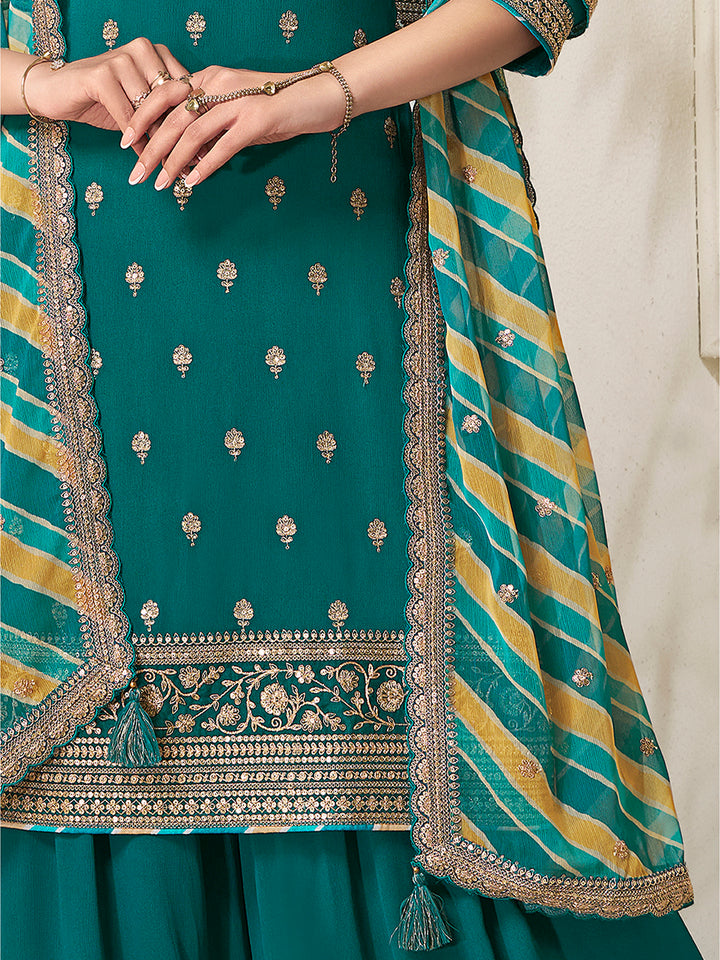 Green Chinon top, embellished sharara, and lehariya printed dupatta. Sharara Suit Set.