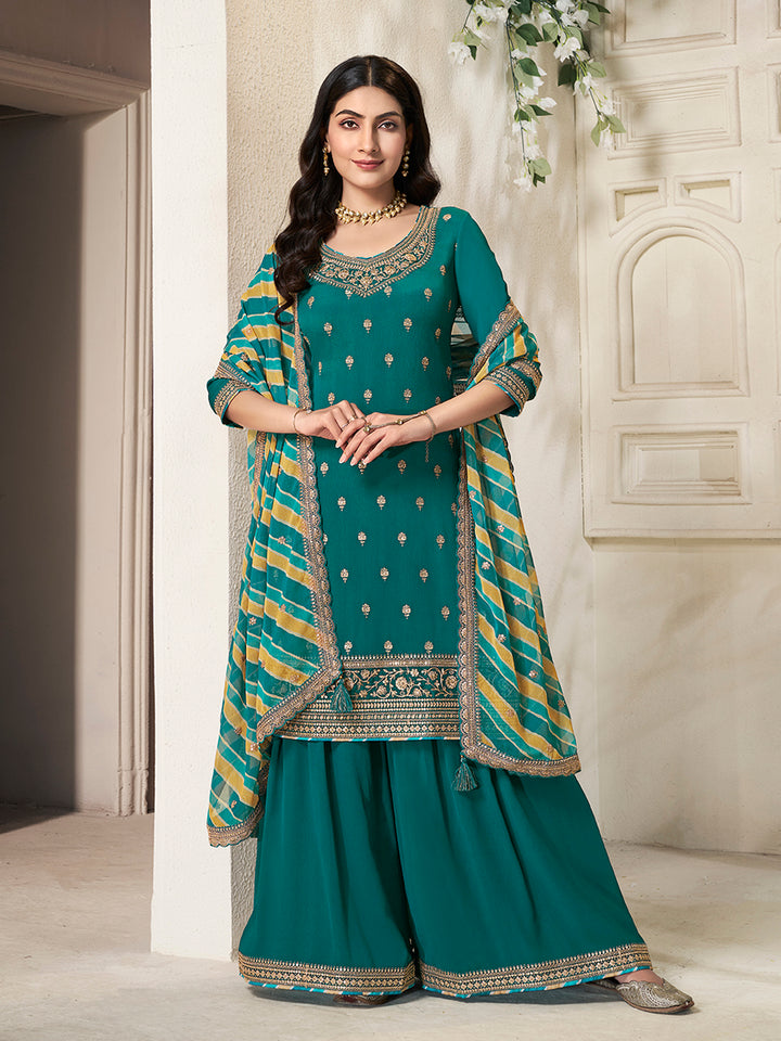 Green Chinon top, embellished sharara, and lehariya printed dupatta. Sharara Suit Set.