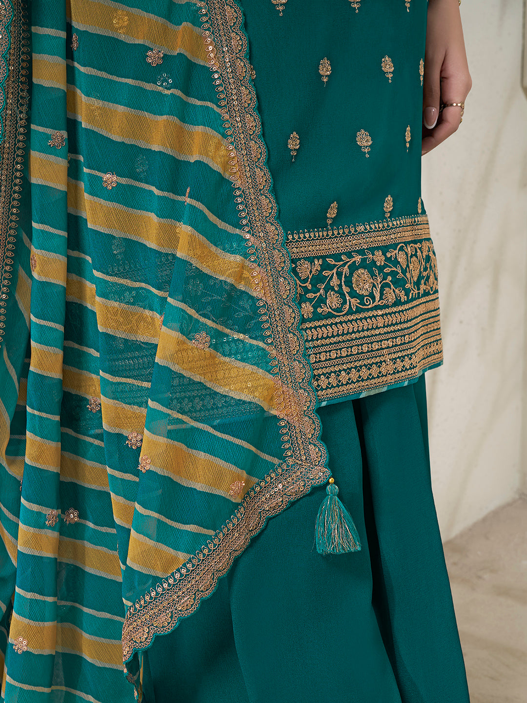 Green Chinon top, embellished sharara, and lehariya printed dupatta. Sharara Suit Set.