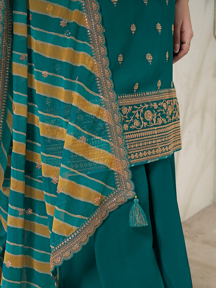 Green Chinon top, embellished sharara, and lehariya printed dupatta. Sharara Suit Set.