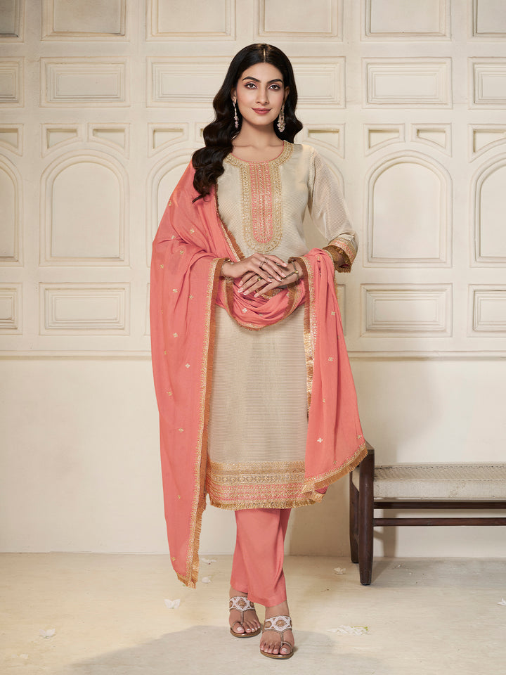 Off-white Tissue Sequins Embroidery Kurta Suit Set